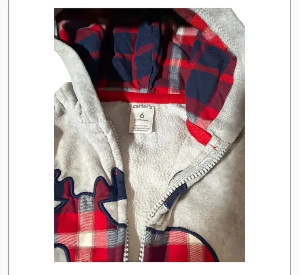 Carter's Baby Grey Fleece Red Buffalo Plaid Moose Full-Zip Hoodie